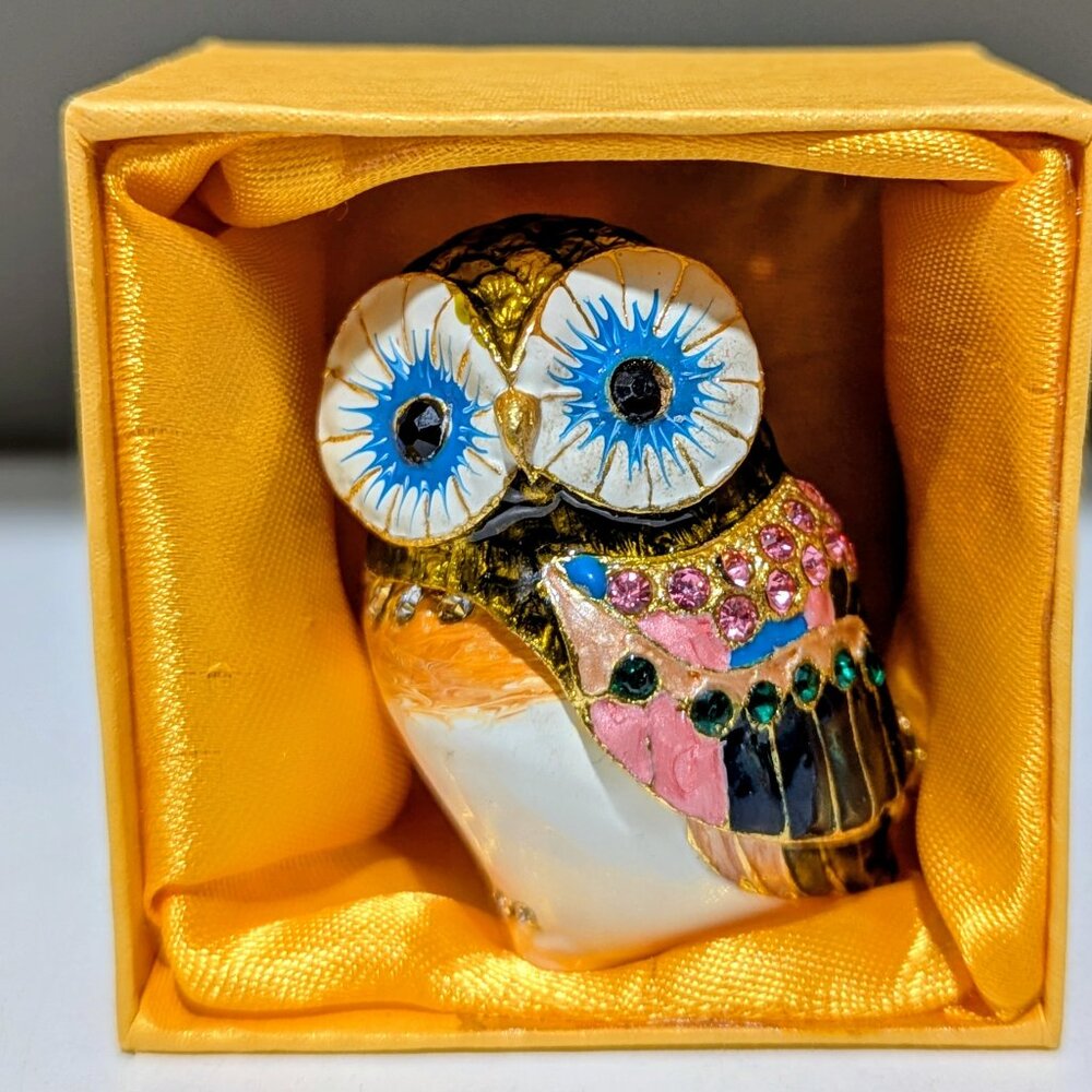 Jeweled Owl Trinket Box – Fabergé Style, Gold Enamel with Rhinestones & Gift Box